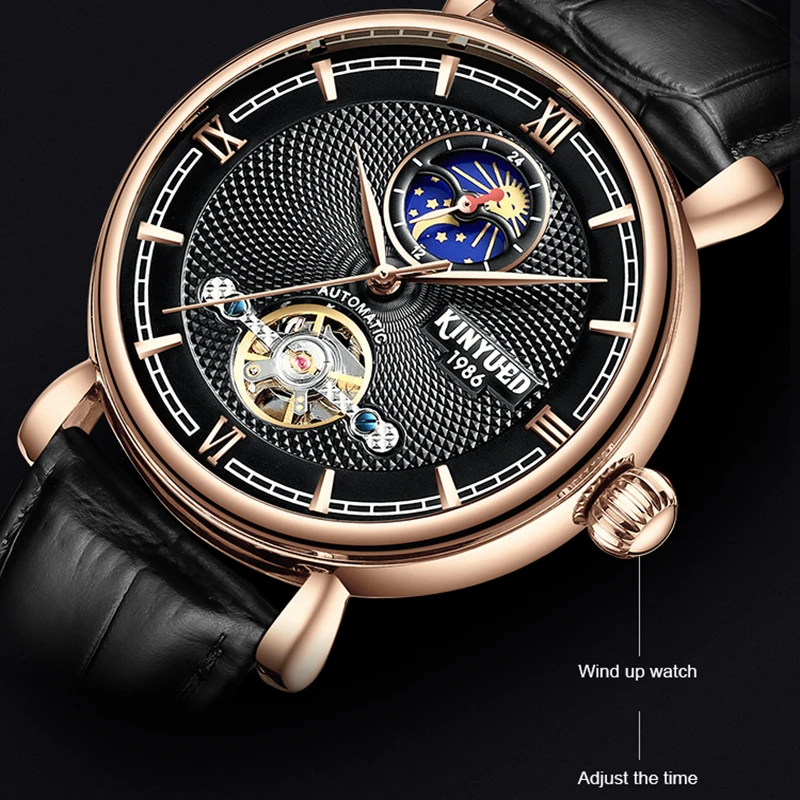 

KINYUED Fashion Simple Men's Automatic Mechanical Watch Black Strap Brown Case Waterproof Watch Gift Box Packaging Watches