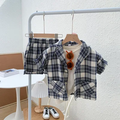 

Детский Блейзер, летний костюм, новинка 2021, пиджак с короткими рукавами и шорты в Корейском стиле для маленьких мальчиков, модный костюм из д...