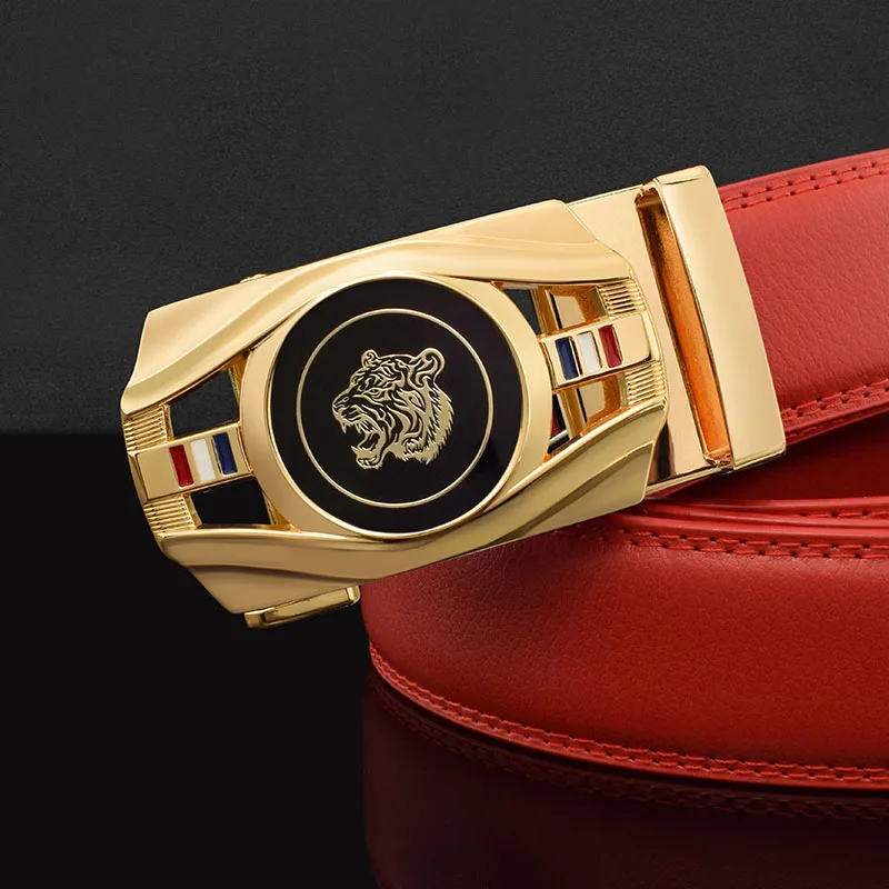 Tiger Latest Men Belt red High Quality Cow Genuine Leather Luxury Strap Male Belts For Man Diamond bule Buckle animal