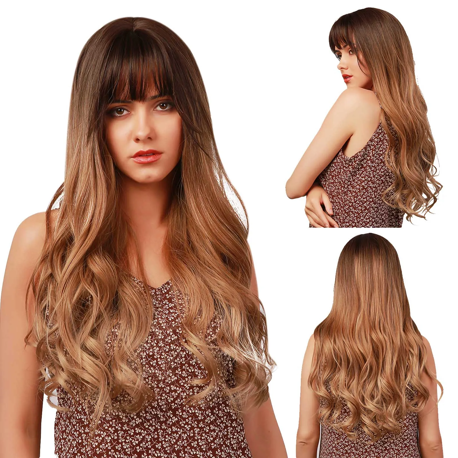 

Long Brown Ombre Wavy Synthetic Wigs With Bangs 26 Inch Hair Wigs For Women Heat Resistant Daily Cosplay Wigs#g30