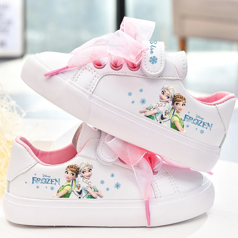 Disney-zapatos de lona con lazo blanco para niña, zapatillas deportivas antideslizantes de fondo suave, informales, de princesa frozen, regalo