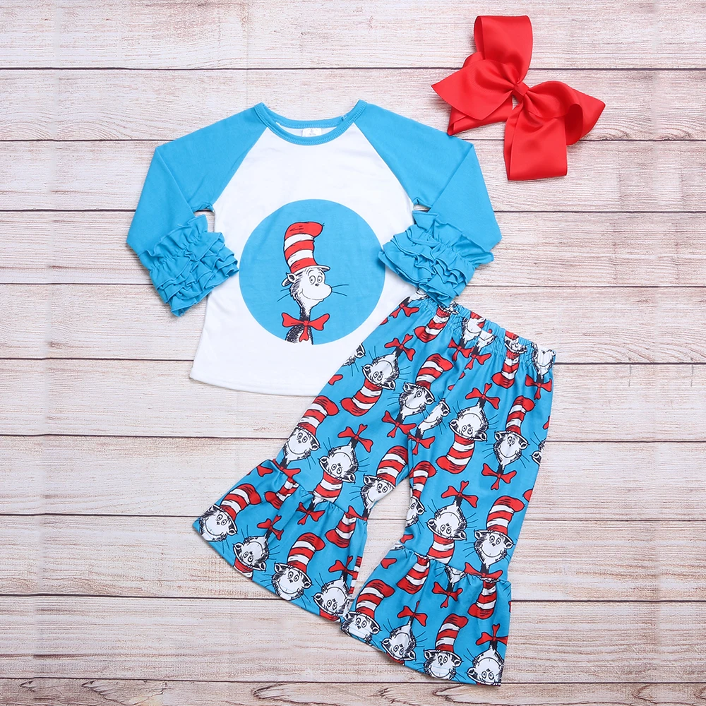 

Autumn Girls Clothes Blue Long Sleeve Top And Blue Trousers Red Striped Hat Cat Man Print Pattern Girl Clothes