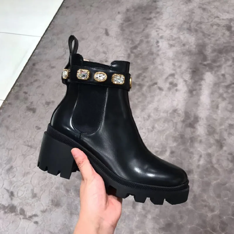 

2019 Winter Botte Pour Femme New Thick-bottomed Muffin Stretch Cloth Rhinestone Chelsea Shoes Short Boots Ankle Flat Martin Boot