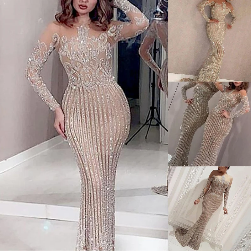

Solid Party Dress O Neck Long Sleeve Romantic Dress Elegant with Sequins Bodycon Maxi Evening Party Womens Clothing Dresses