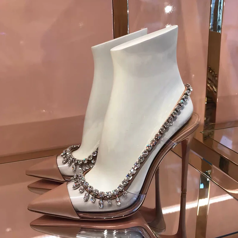 Туфли-лодочки женские прозрачные высокий каблук с кристаллами и заплатками