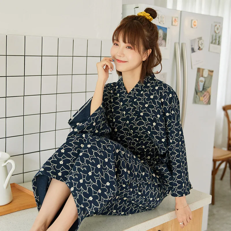 

XIFER Autumn Women Sleepwear 2020 Japanese New Lace-up Nightgown Floral Cotton Long-sleeved Women Loose Robe Homewear