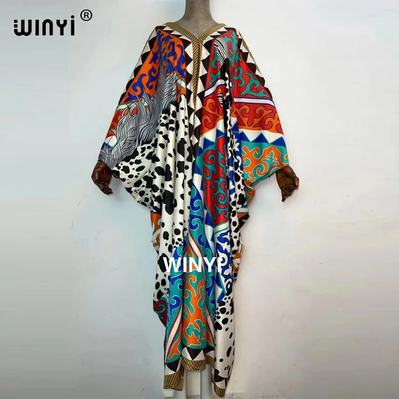 2021 Middle East Fashion Print Twill WINYI Maxi Dress African Women Abaya Robe Long Dress Beach V-neck Bohemian Dress