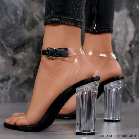 

Transparent PVC film fashion simple transparent heel sandals THICK HEEL SANDALS