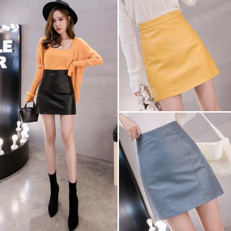 

2021 Autumn And Winter Pu Stitching Women Skirt Zipper A-shaped Bag Hip High Waist Leather Skirt Female