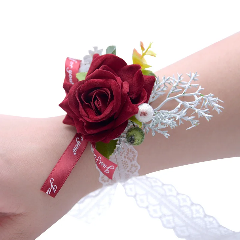 

H&S BRIDAL 6 Color Bridesmaid Wrist Corsage 2019 Lace Appliques Bracelet Silk Flowers Rose Bride Wedding Decoration for Brides