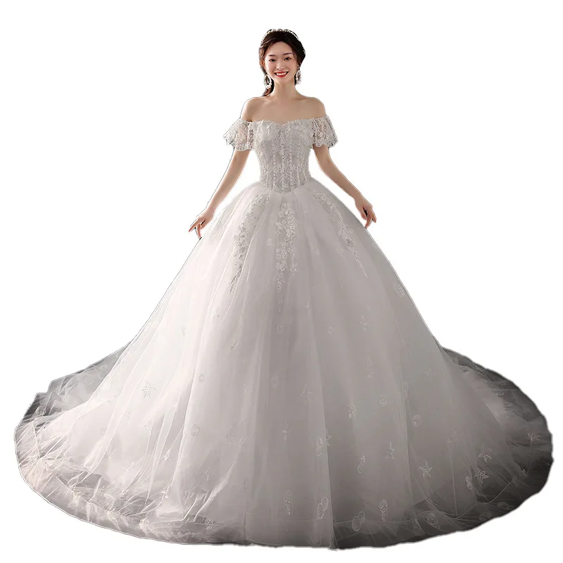 

2021 New Short-sleeved One-word Neck Tail Bridal Wedding Dress Is Thin White Lace Wedding Dress with Simple High Waist Dress