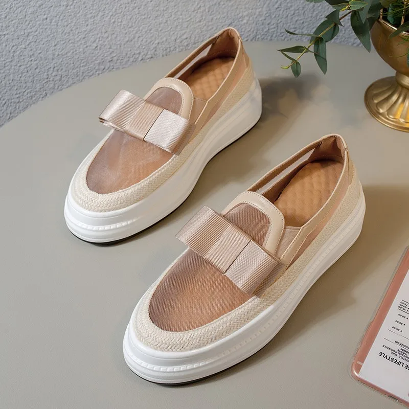 Женские Дышащие лоферы на прозрачной сетчатой платформе без застежек с бантом