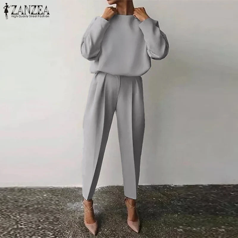 

ZANZEA 2PC Women Autumn Sets Fashion High Waist Long Pants Solid Loose Tracksuits Long Sleeve Blouse Casual Robe Matching Sets