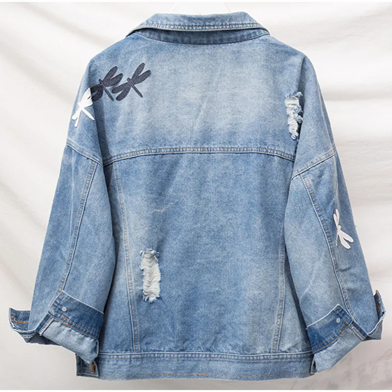 Женская джинсовая куртка бойфренд свободного покроя с вышивкой размеры 3Xl 4Xl 5Xl