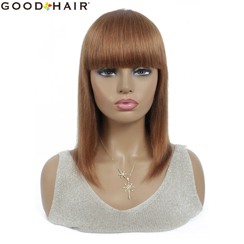 

Парики боб с челкой, человеческие волосы, вырезанные волосы, прямые, короткие, полностью машинные, коричневые, для черных женщин, не Реми, бра...