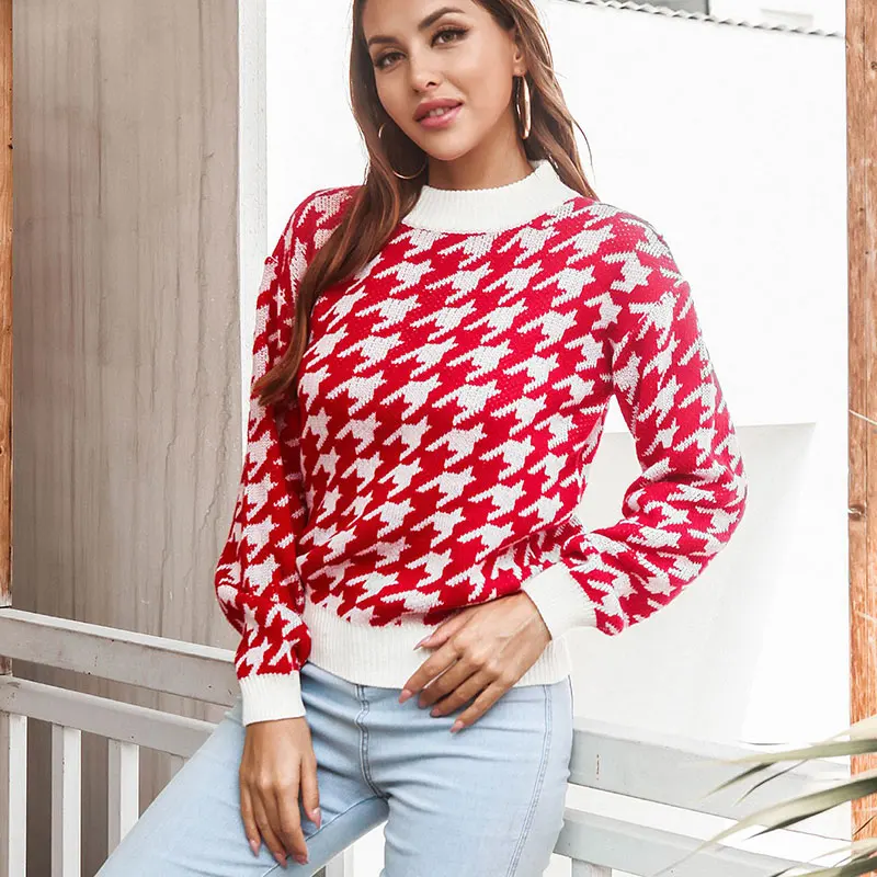 

Women's Loose Houndstooth Knitted Sweater O Neck Long Sleeve Knit Pullovers Female Jumper 2021 New Cusual Clothes For Winter