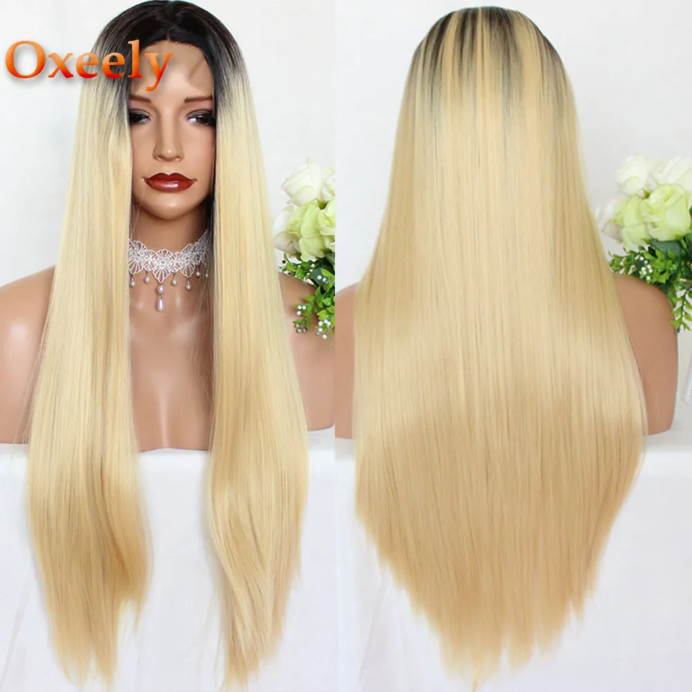 ombre blonde Oxeely длинные прямые волосы Омбре зеленый цвет кружева перед парики термостойкой, без клея Синтетические Кружева передние парики для черных женщин - Цвет: ombre blonde