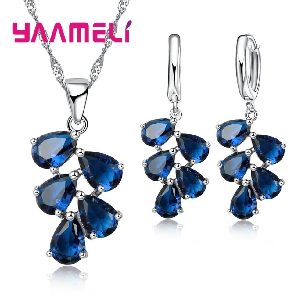 Blue 925 пробы серебряный кулон ожерелье серьги натуральный лист Капля воды форма красочные/красный/белый/черный/синий для девочек - Окраска металла: Blue