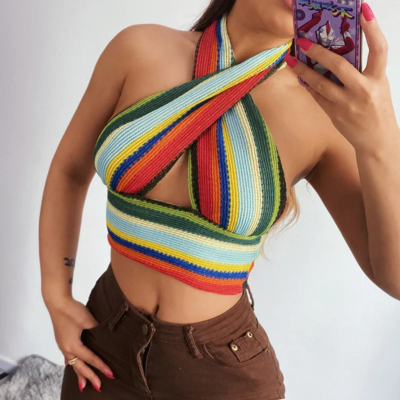 

Trend Womens Y2k Halterneck Top Summer Streetwear Women Sexy Colorful Striped Knitted Bralette Crop Top Backless Tanks