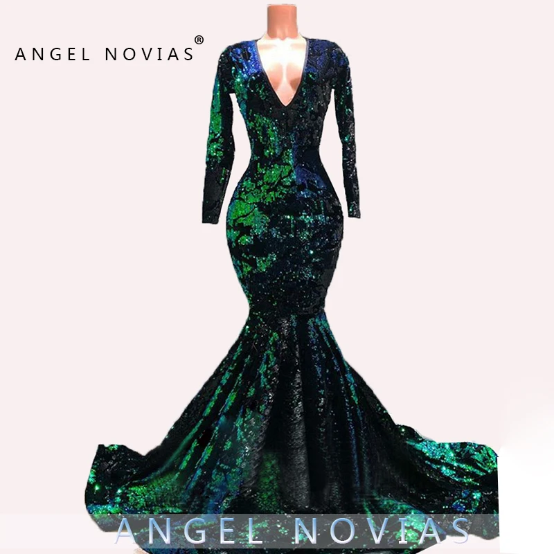 

Long Sleeves Formal V Neck Green Sequin Lace Arabic Abendkleider Evening Dress 2020 Robe De Soiree Longue 2018