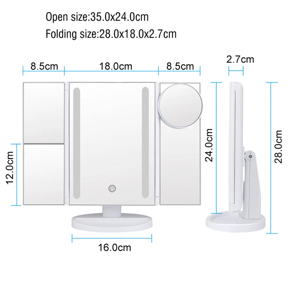 

Bath Makeup Mirror 22 LED Touch Screen Makeup Mirror 1X 2X 3X 10X Magnifying Mirrors 4in1 Tri-Folded Desktop Health Beauty Tool