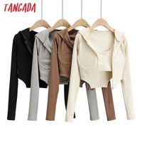 tangada women strethy hood jacket with camis 2 piece japanese fashion ladies crop outwear 4p62