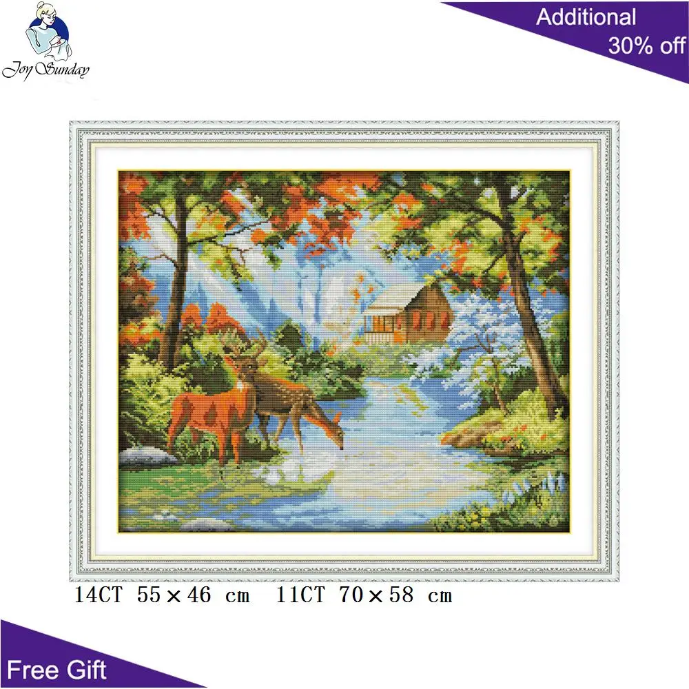 

Joy Sunday Deer Forest Home Decor DA096 14CT 11CT Counted and Stamped Deer Tweet At The River Embroidery DIY Cross Stitch kits
