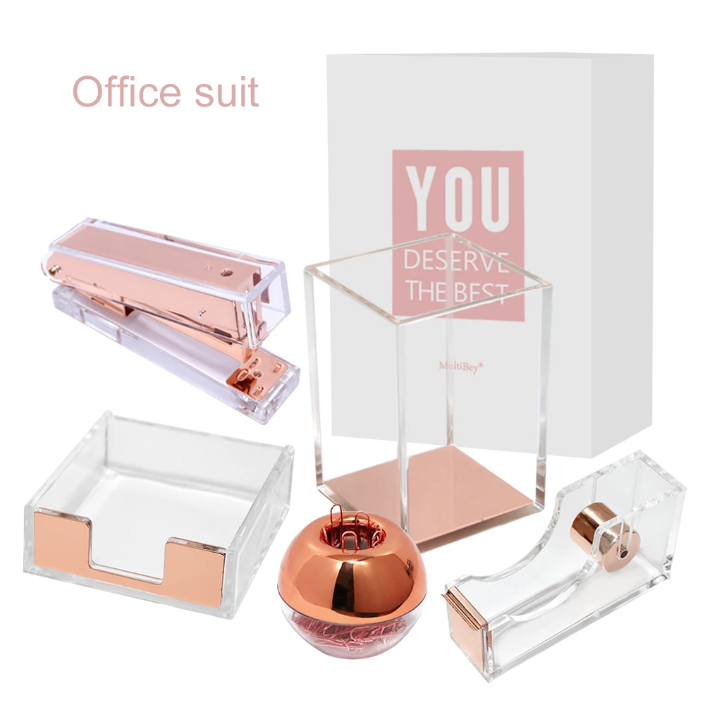 Office Desk Transparent Organizer Stationary Supplies Luxury Rose Gold Acrylic Desk Accessories Organizer Set