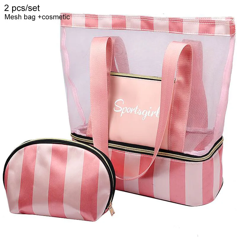 Pink 2pcs Women Men Beach Backpack Drawstring Mesh Net Summer Swimming Bag Swim Rucksack Waterproof Bolsa Deporte Outdoor Sport XA164D - Цвет: Pink 2pcs