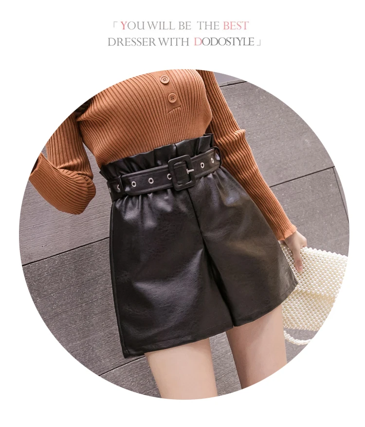 PU Leather Wide-legged Shorts With Slashes Women Empire PU Shorts Girls A-line Faux Leather Shorts Bottoms BH6191