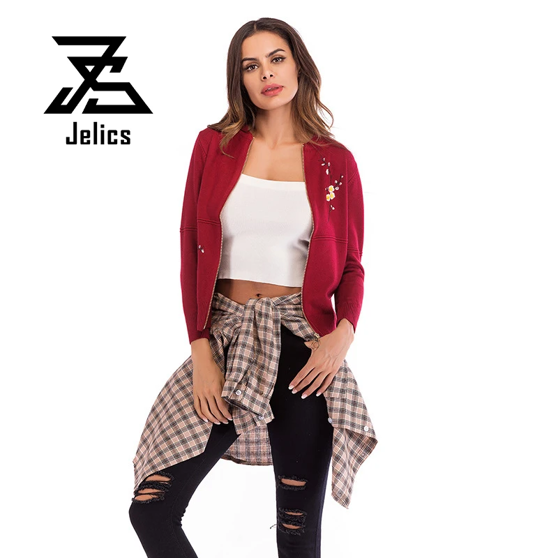 

Jelics Fashion Casual Women Knitted Basic Jacket Coat Female Long Sleeve Zipper Floral Embroidery Sweet Slim Outwear Jackets