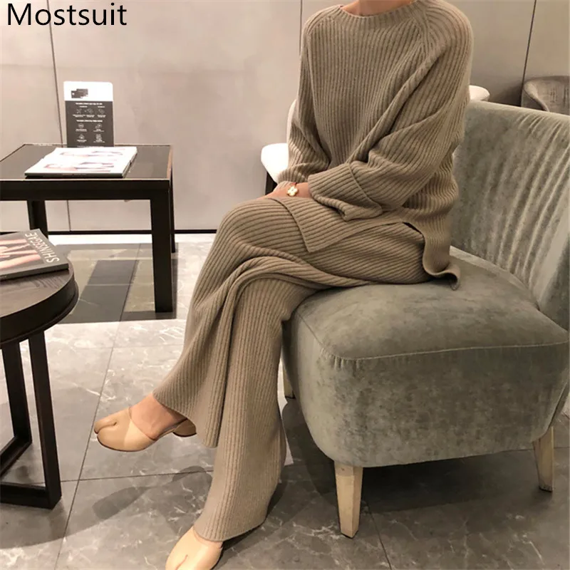 2019 зимний однотонный вязаный комплект из 2 предметов женский простой свитер