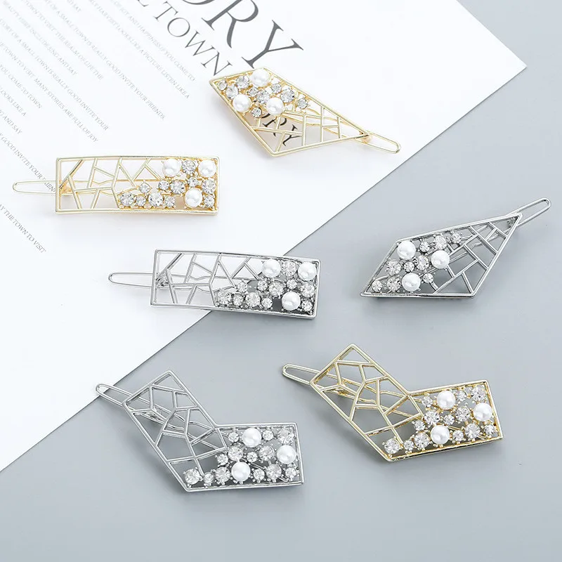 Блестящие заколки для волос полые Стразы жемчужные женщин милые геометрические