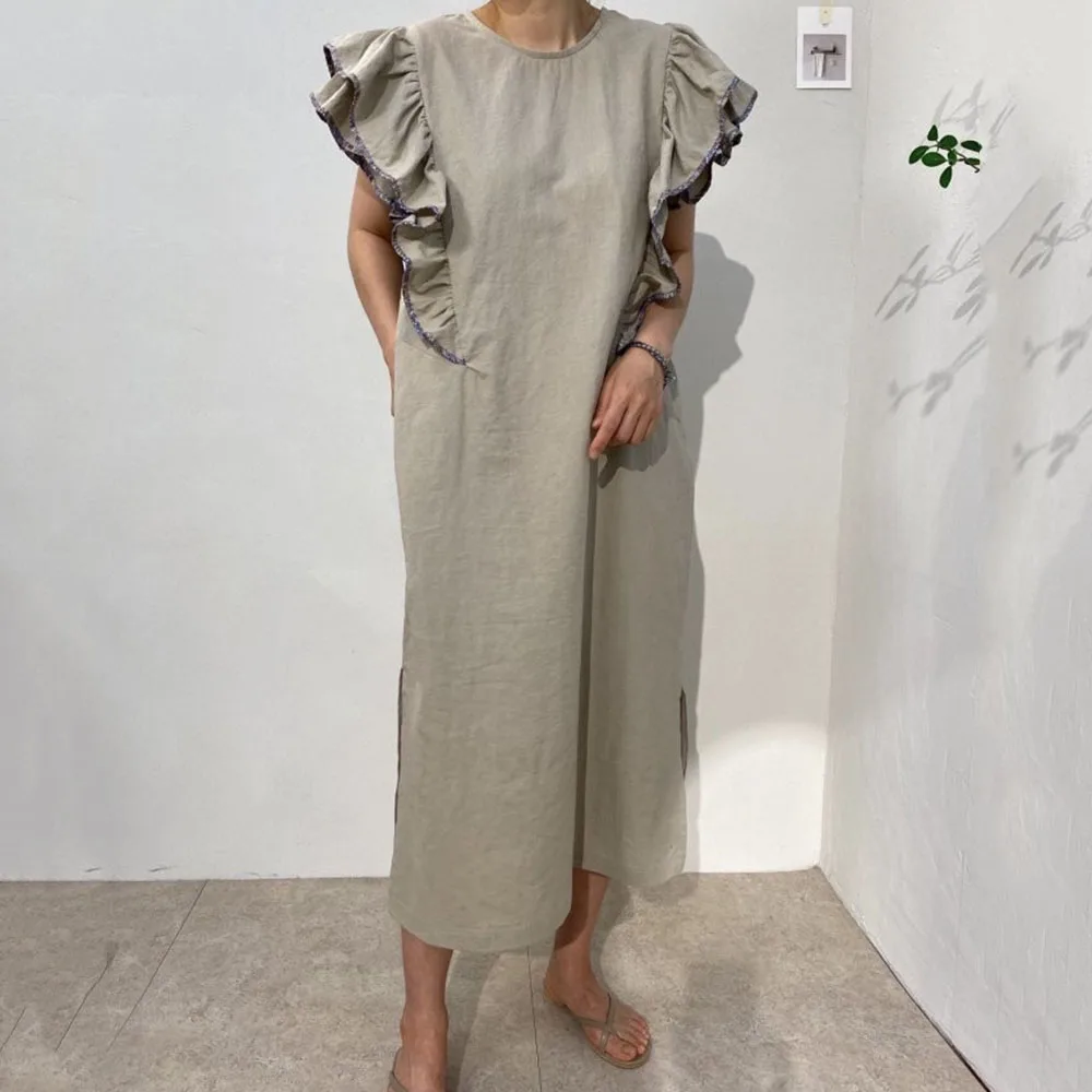 

summer korean women dress ruffle sleeve Loose Casual a line long maxi robe oversize khaki female vestiods new chic Pullover