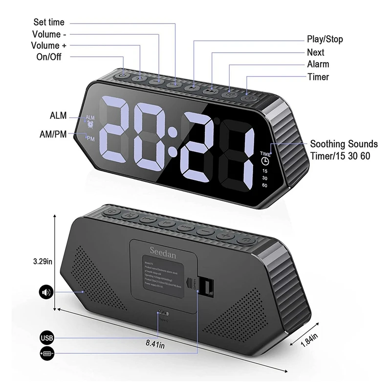 Digital Alarm Clock Large Display With Sound Machine White Noise For Bedroom Living Room | Дом и сад