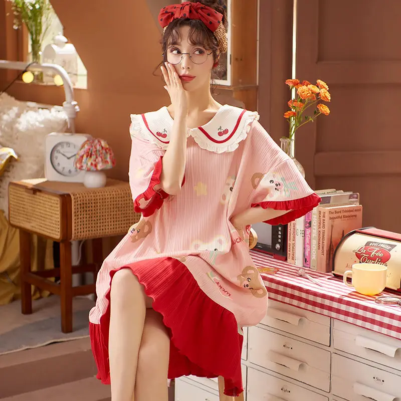 

Korean Sleepwear Women Cotton Summer Princess Style Nightdress Cartoon Bear Dress Kawaiii Ruffles Sleepdress Plus Size Home Wear