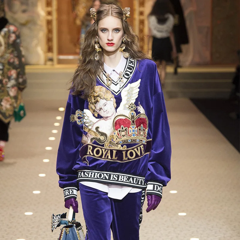 Женский бархатный свитер с длинным рукавом синий пуловер вышивкой ангела и