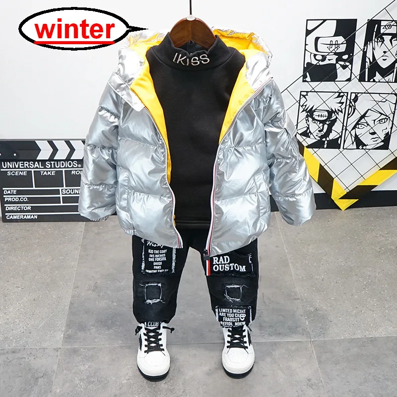 Winter Boys Clothes Sets Kids Space Down Jacket + Plus Velvet T-Shirts Thick Jeans 3Pcs/Sets Children Sports Suits 2-6Year | Детская