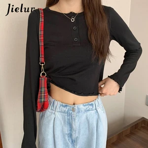 Jielur одноцветное Цвет Женский пуловер с рукавом-осень-зима приталенный пуловер с О-образным вырезом, свитеры, кнопка грунтовка Femme вязаный свитер