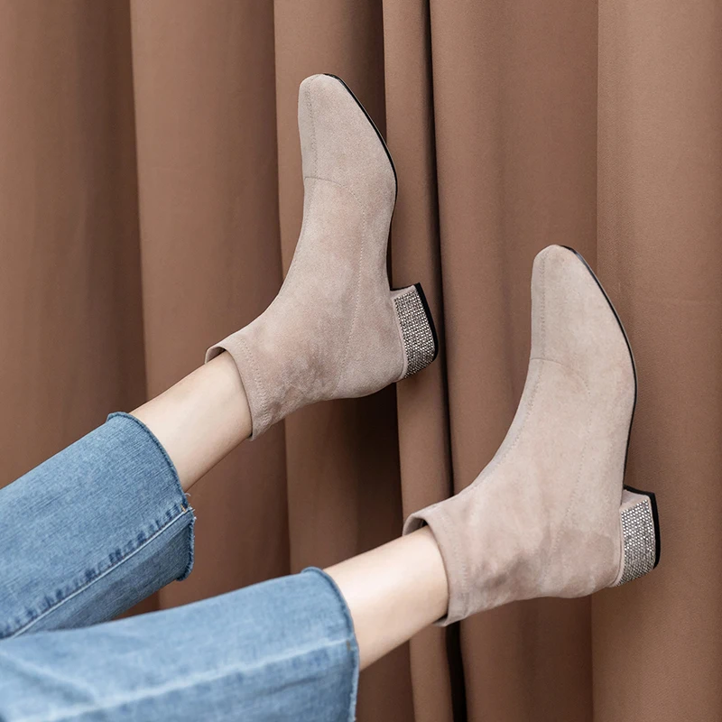

WETKISS Rivet Heels Thick Boots Women Stretch Flock Ankle Booties Female Square Toe Shoes Ladies Fashion Sock Shoes Autumn 2020