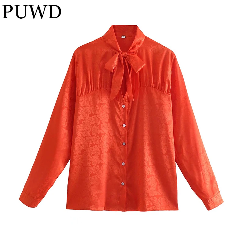 

Повседневная Женская оранжевая рубашка PUWD, осень 2021, модная женская жаккардовая атласная рубашка с длинным рукавом и бантом, женские шикарн...