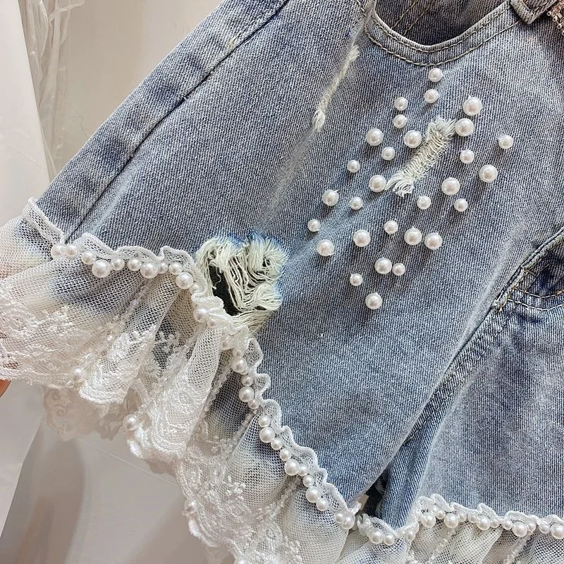 2022 New Fashion Summer Pearl Beading Denim Shorts High Waist Lace Patch Casual Hole Jeans Shorts Women