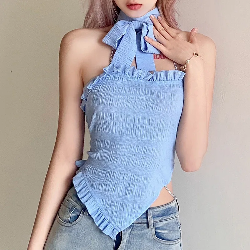 

Fashion Women Halter Tank Solid Chinese Knot Irregular Short Chain Crop Tops Hot Sexy Spring Summer Clothing