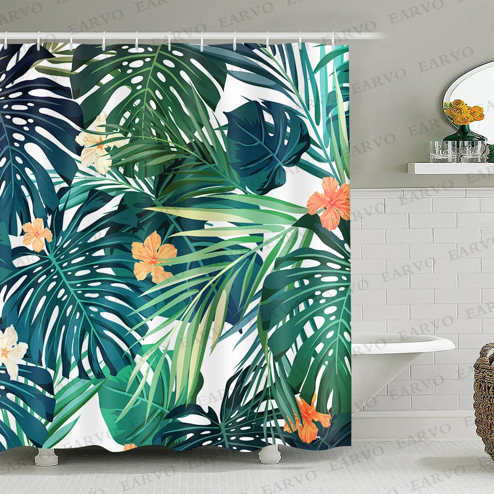

Занавеска для душа с 3d принтом тропических растений и зеленых листьев, Современная штора из полиэстера с натуральными листьями растений для ванной комнаты