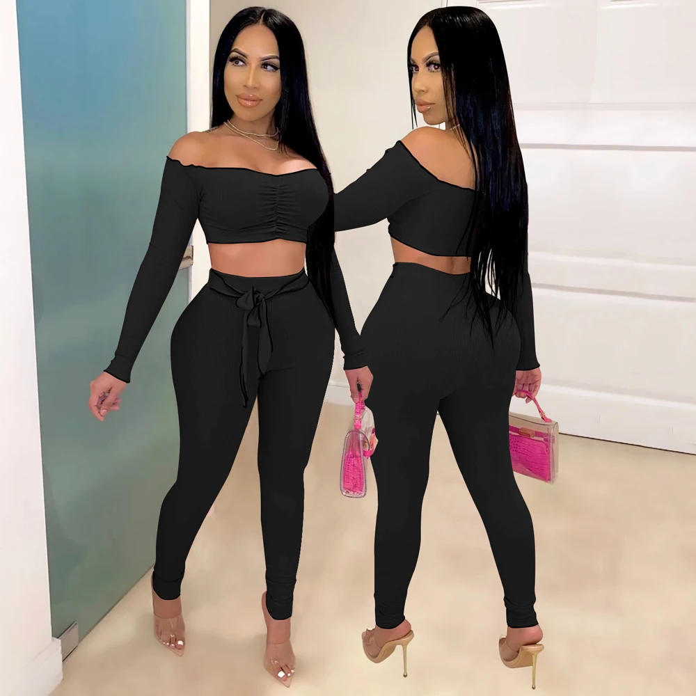 

Two Pieces Set Women's Off Shoulder 2-piece Sets Solid Color Long Sleeve Top and Trousers Suits Sexy Casual Suit Summer Autumn