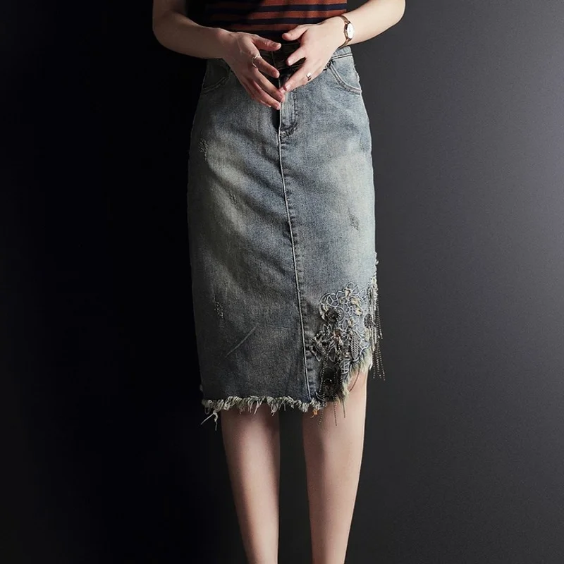 

Vintage Embroidery Tassel Summer Womens Knee Length Denim Skirts Fashion Plus Size High Waist Female Asymmetrical Split Skirts