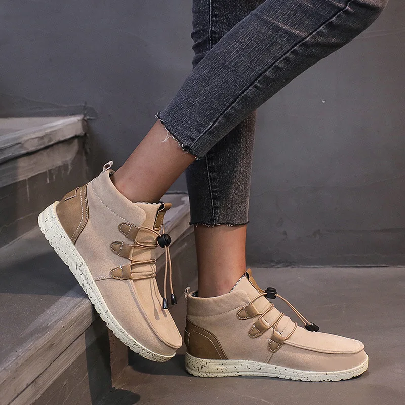 

Lace Up Flock Footwear Ladies Casual Sewing Female Shoes Plus Size Women Ankle Boots Winter Women Warm Flats Black Women Boots
