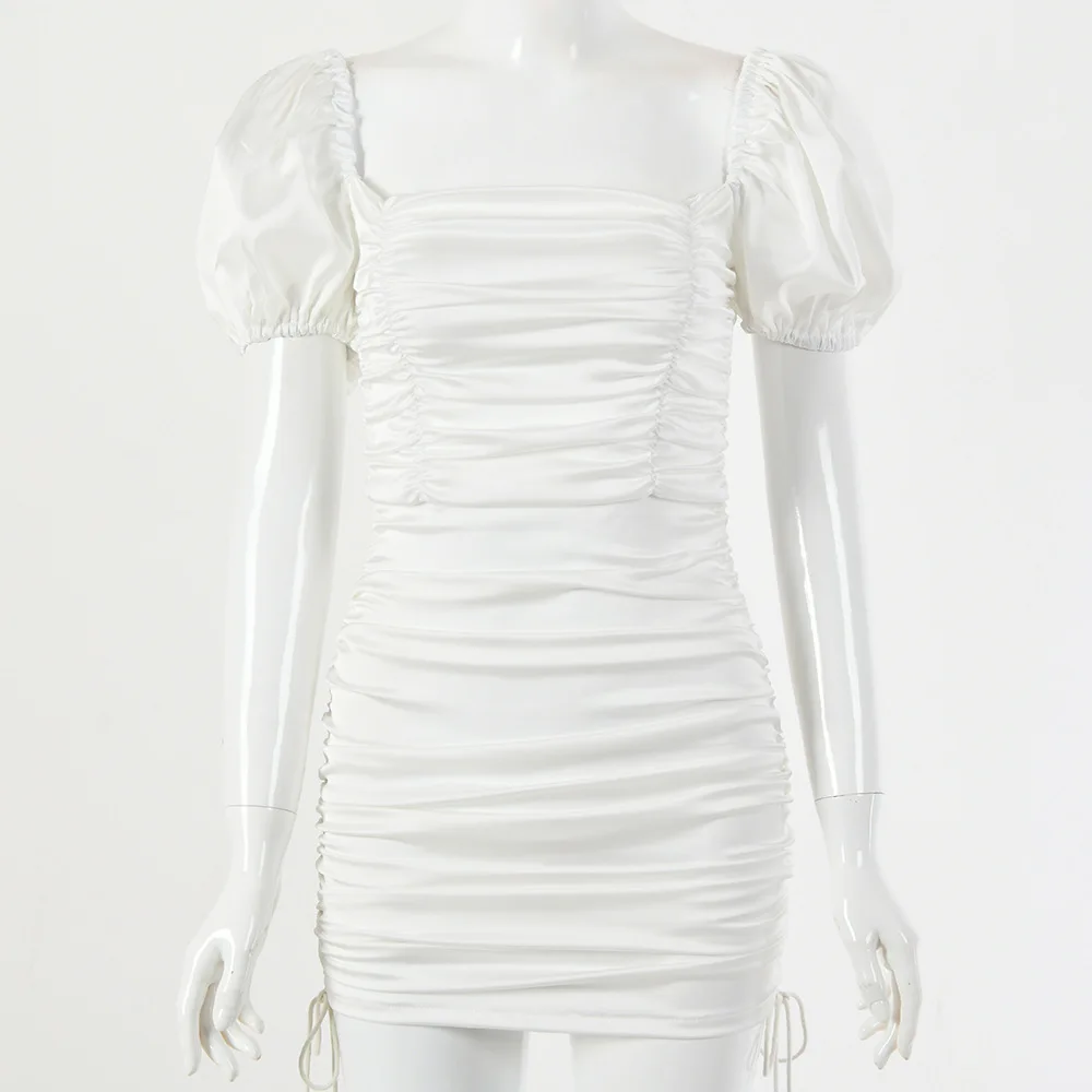 

Casual Dress Vintage Korean Women Summer Fashion Sexy Temperament Pleated Drawstring Adjustable Dress