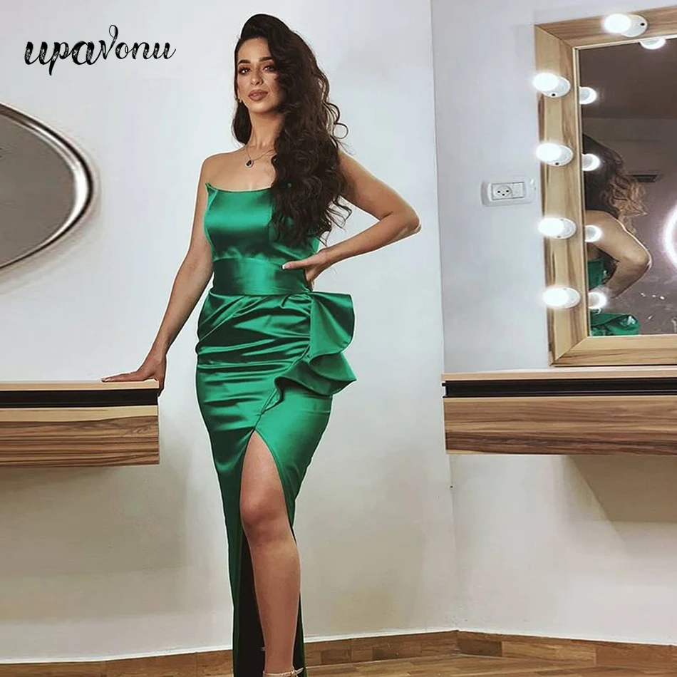 

Free Shipping 2022 New Sexy Green Midi Dresses Women's Strapless Sleeveless Bodycon Draped Dress Celebrity Club Party Vestidos