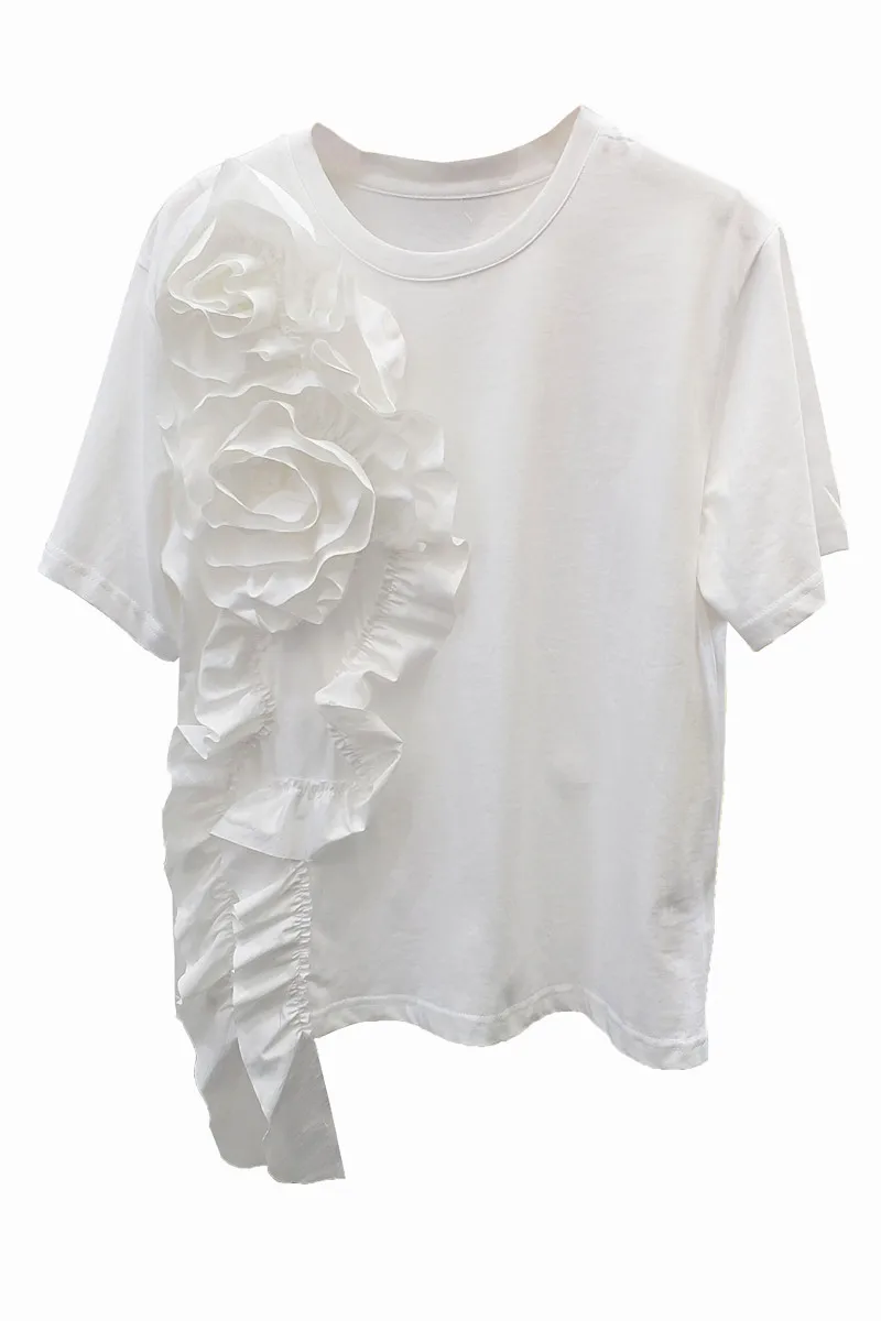 

SuperAen Three-dimensional Flower Appliques White O Neck T-shirt Women 2021 Summer Loose Slim Fashion Tops